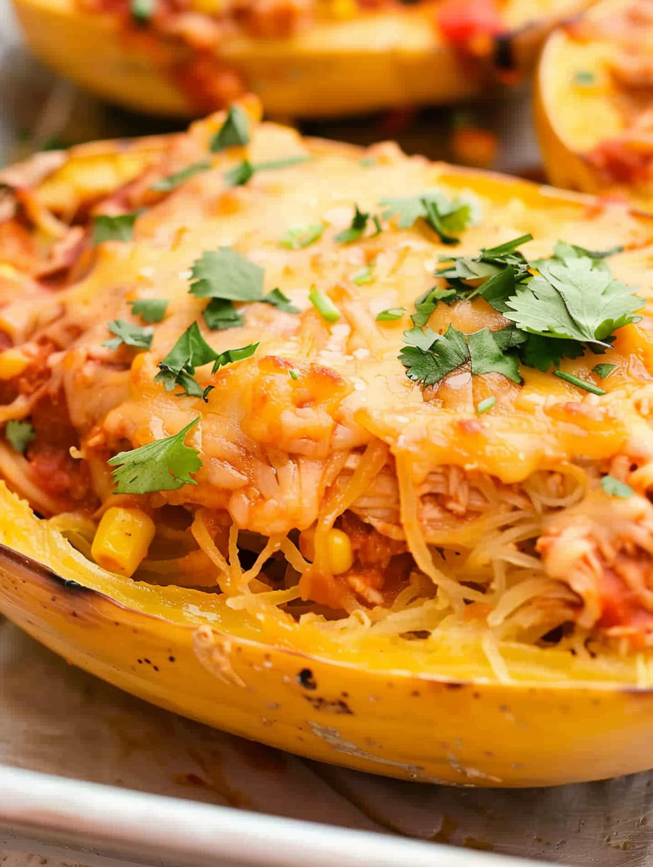 Chicken enchilada stuffed spaghetti squash on a baking tray
