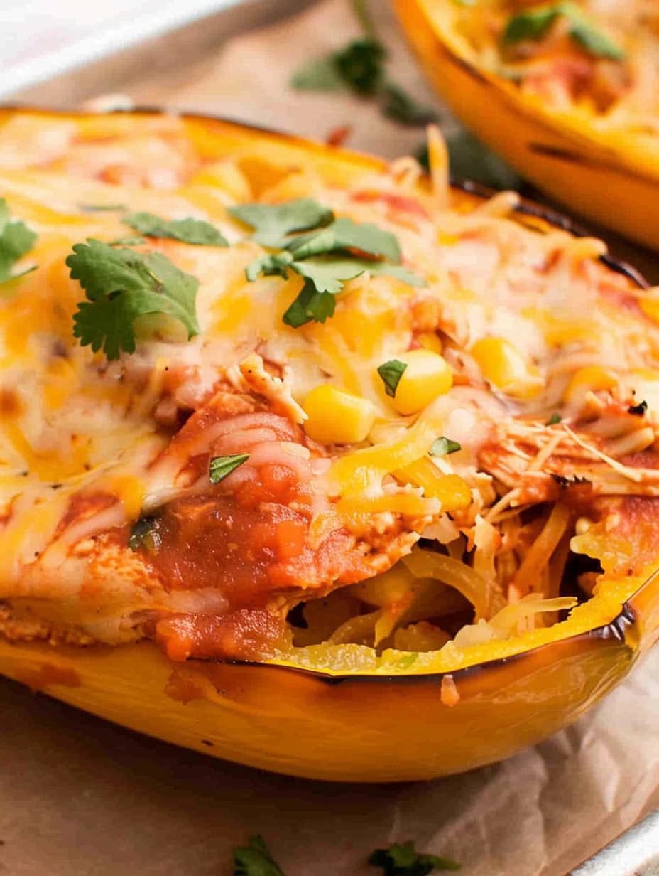 Close-up of cheesy chicken enchilada stuffed spaghetti squash