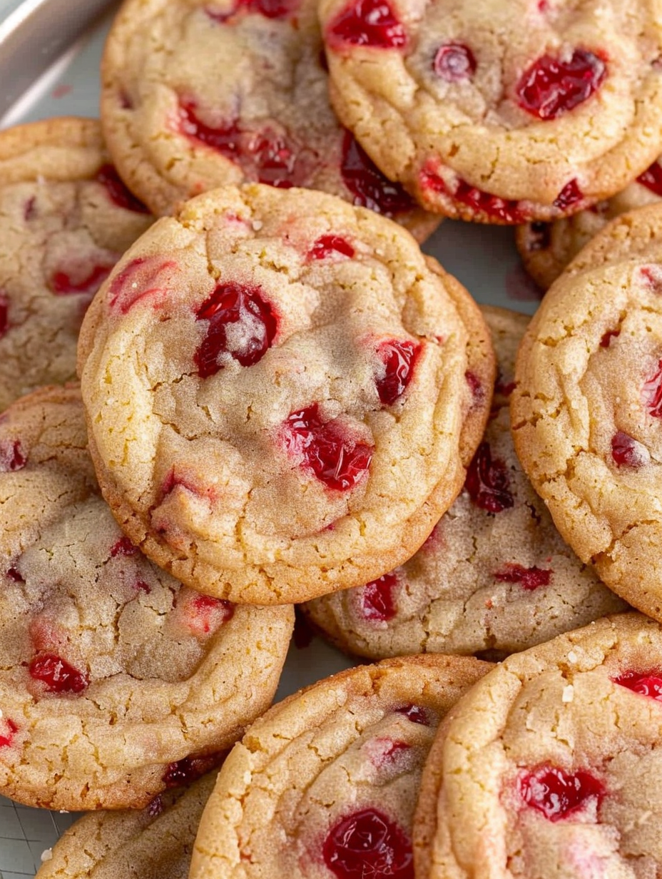 Close-up of cherry and almond pieces in cookie dough