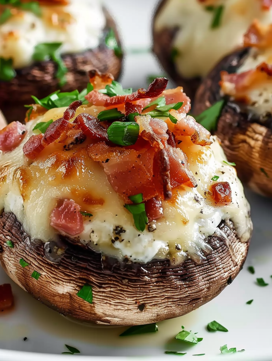 Baked bacon stuffed mushrooms on a serving dish