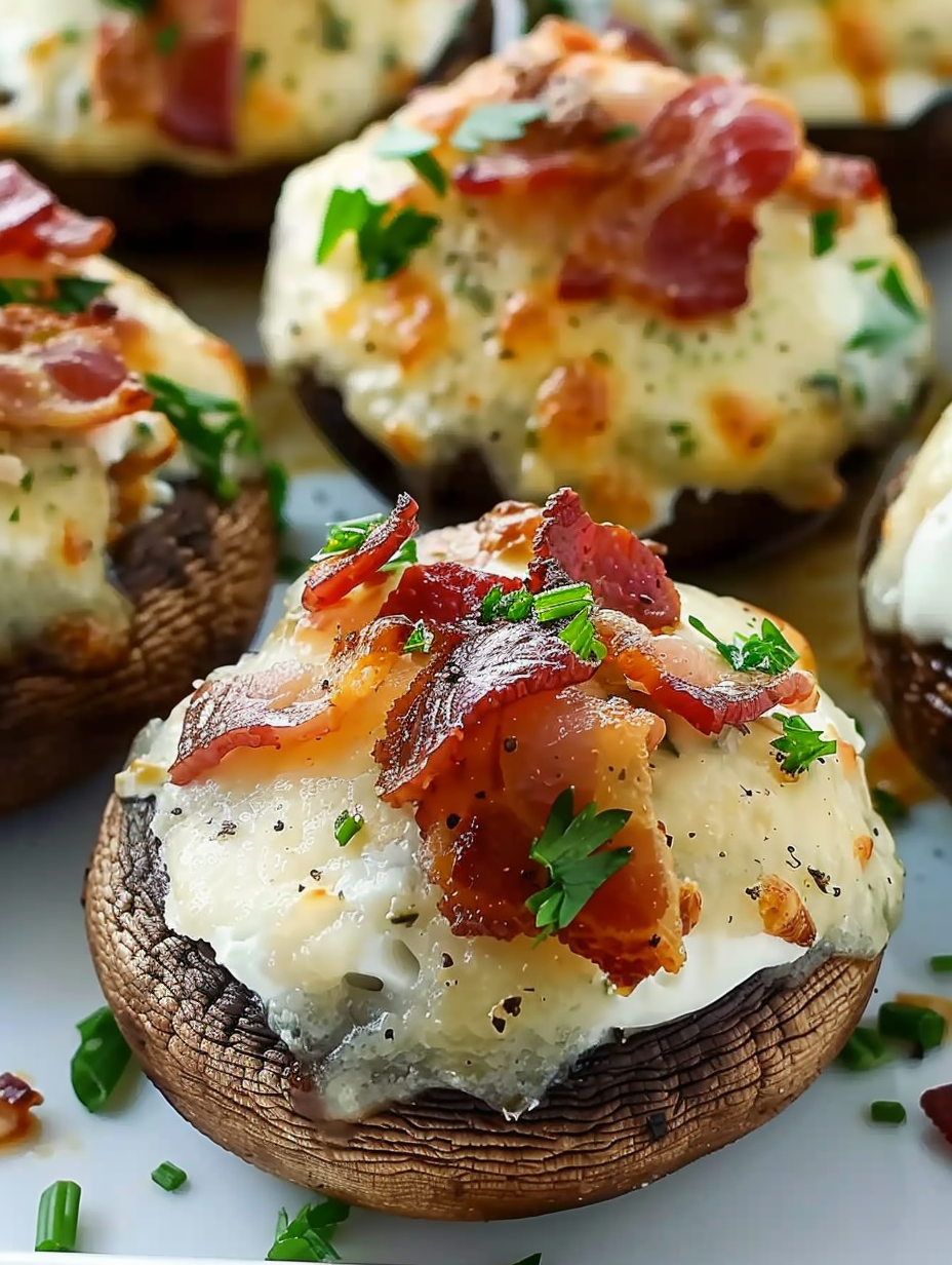 Close up of stuffed mushroom showing filling and bacon