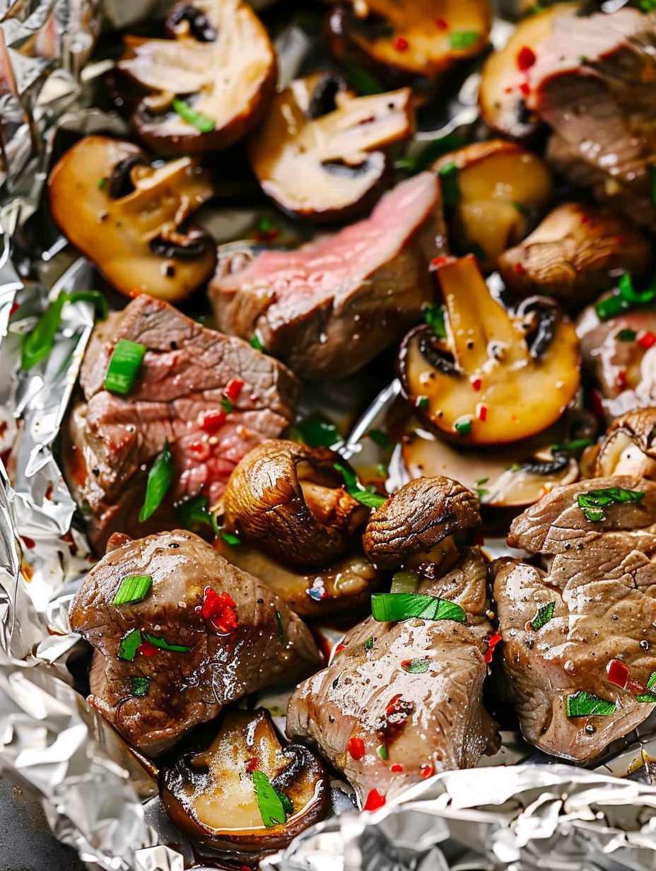 Steak and Mushrooms Foil Pack on Grill