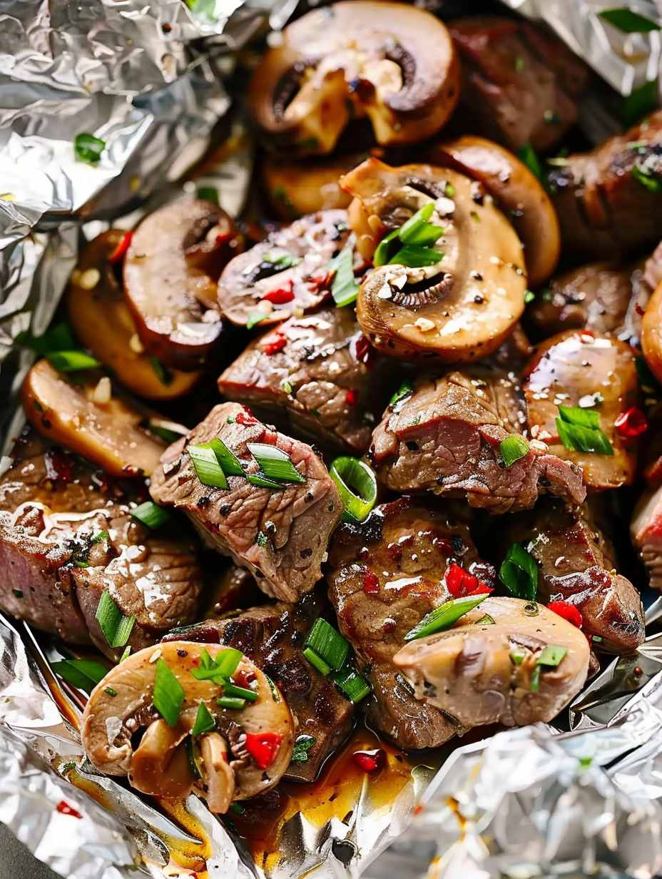 Opened foil pack revealing steak and mushrooms