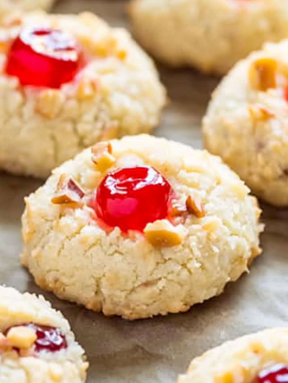 Close-up of a cookie topped with a maraschino cherry