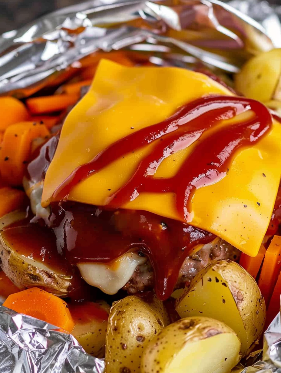 Six foil packets on a baking sheet