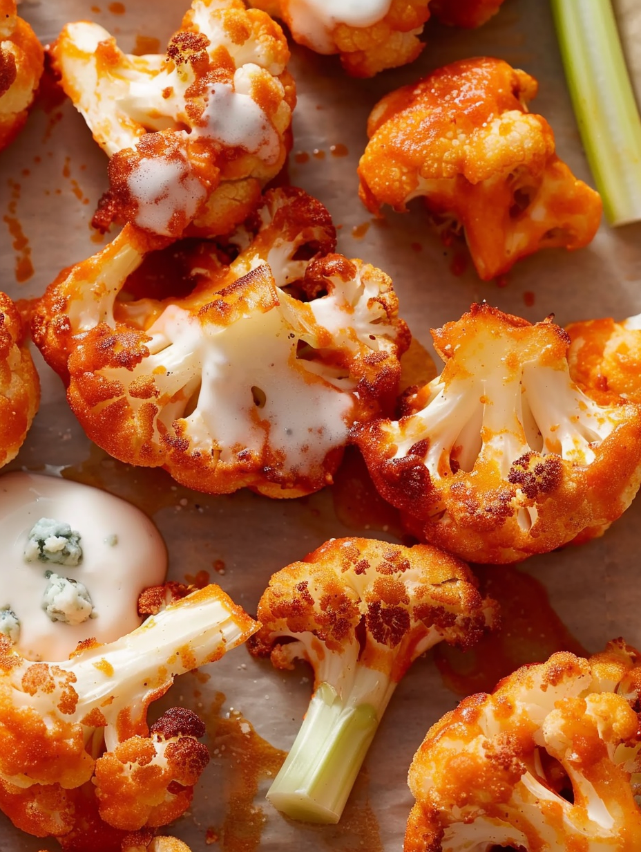 Plated buffalo cauliflower with blue cheese dip