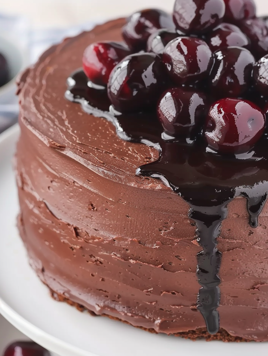 Layer cake with cherry jam filling on a serving plate