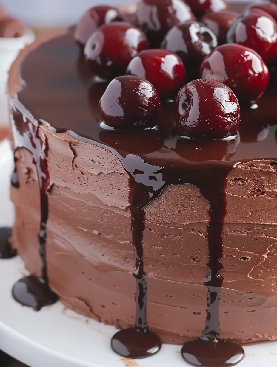 Close up of chocolate frosting and cherry filling between layers