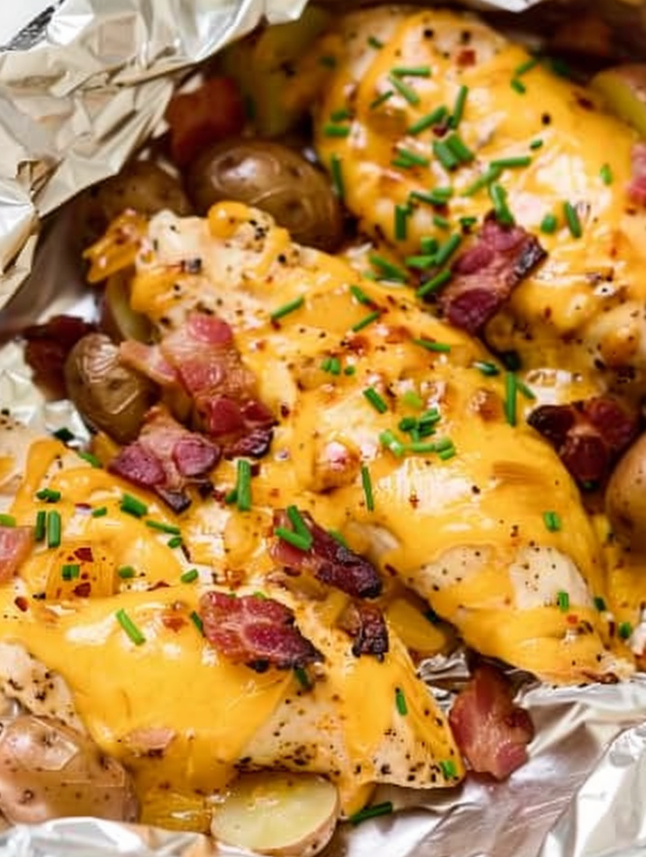 Open chicken foil packet with melted cheese and chives