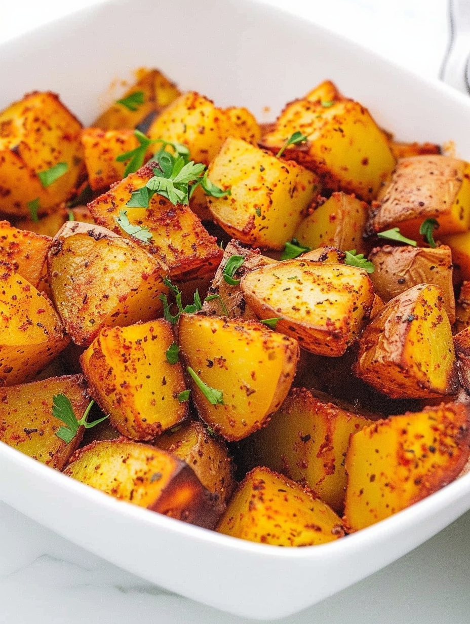 Pan of Mexican-spiced cubed potatoes browning in a skillet