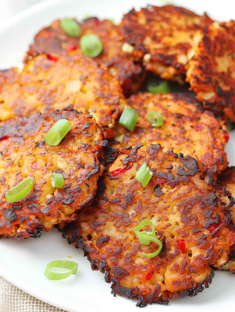 Stack of cauliflower patties garnished with parsley