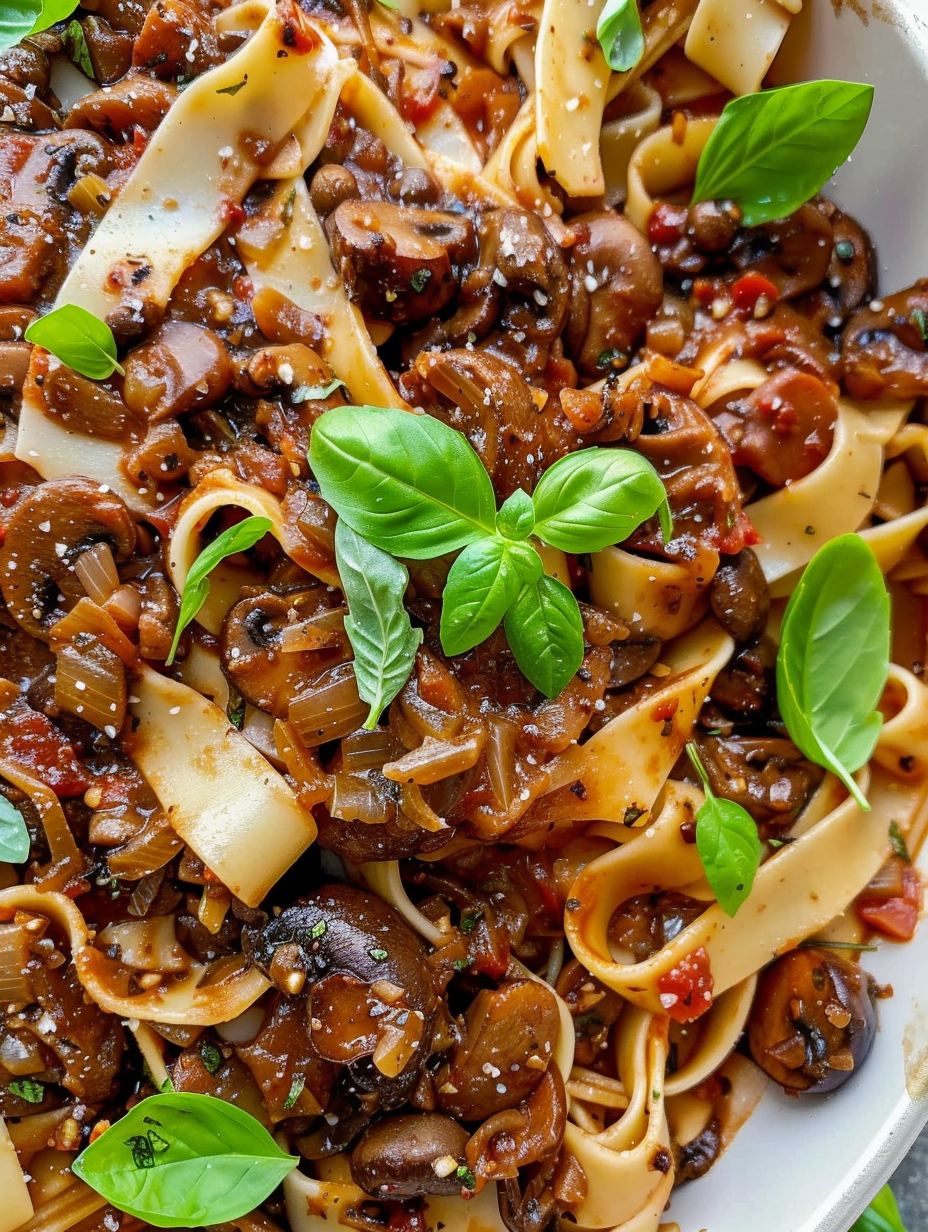 Mushroom ragu simmering in a pan