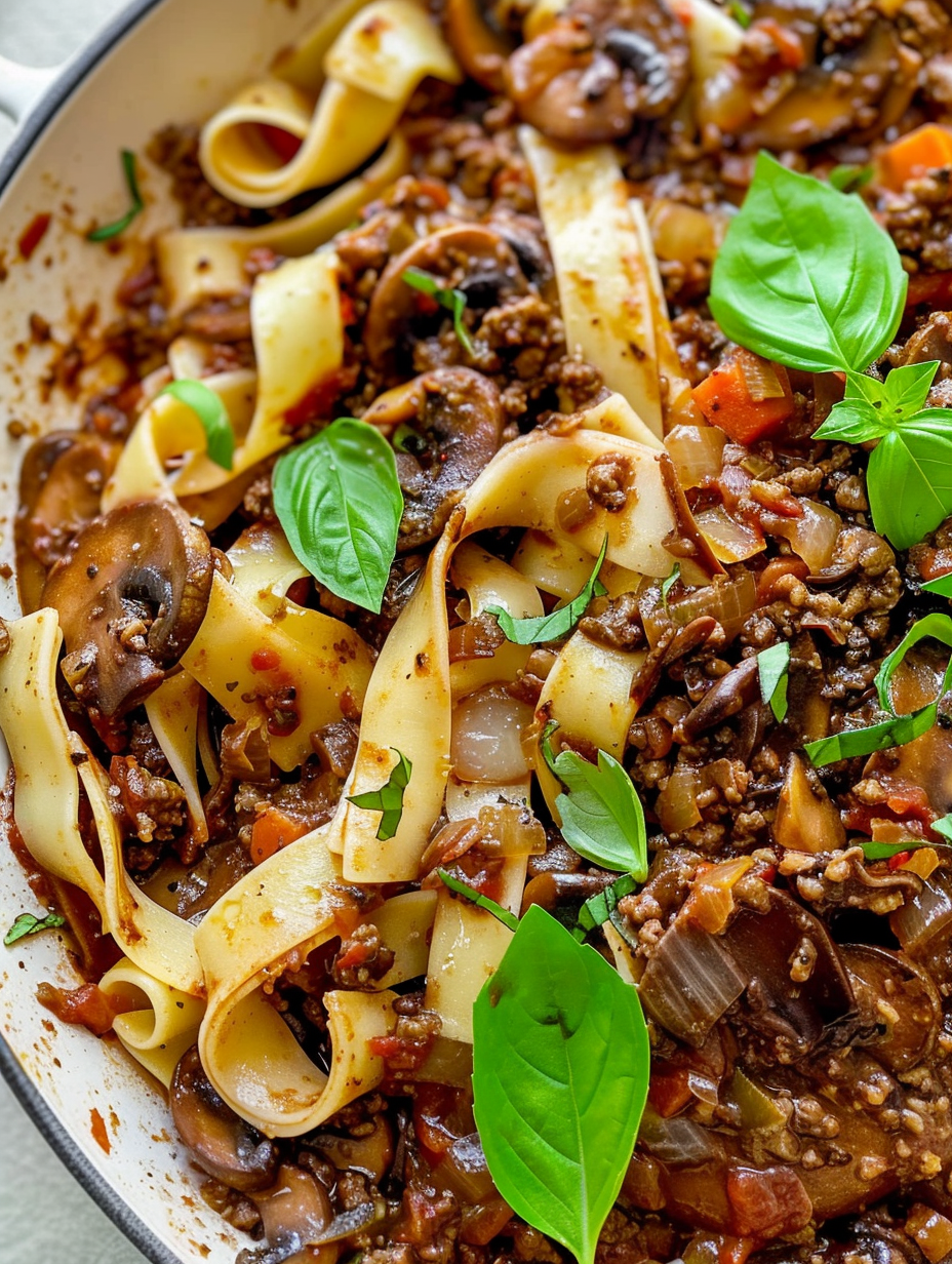 Plated fettuccine tossed with mushroom ragu and basil