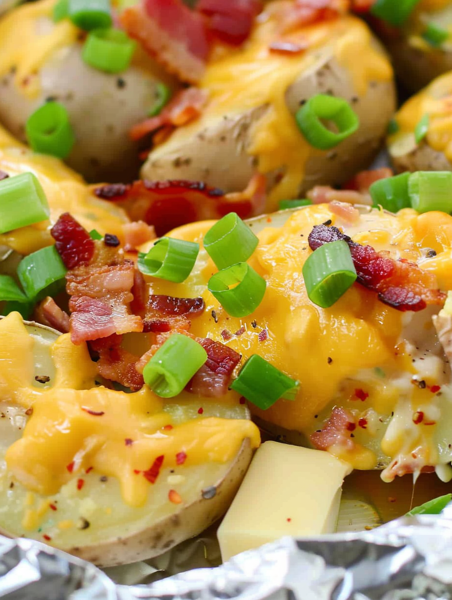 Chicken and Potato Foil Packs with Garlic Cream, Cheese & Bacon