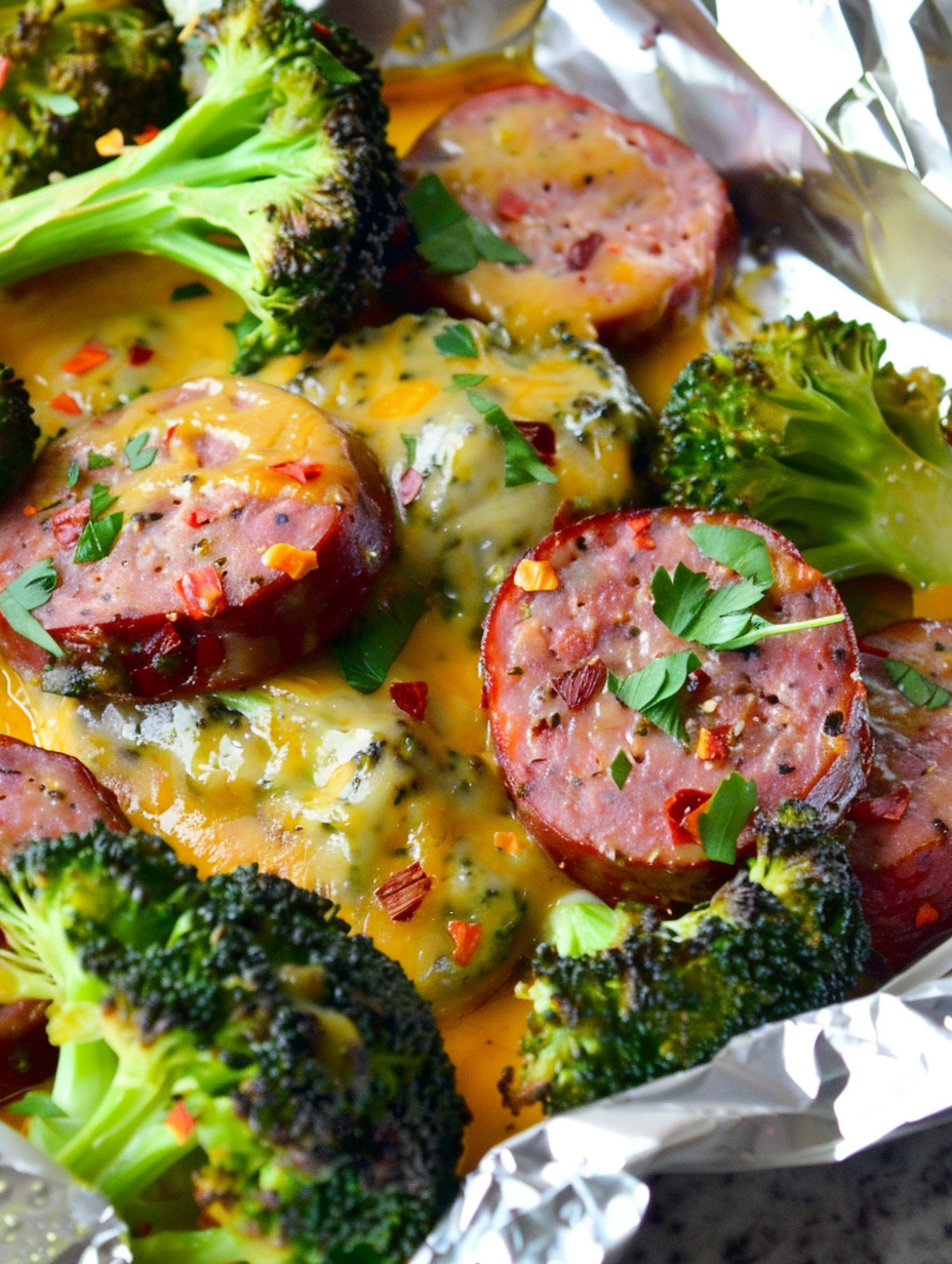 Sausage and broccoli foil packet on a baking sheet