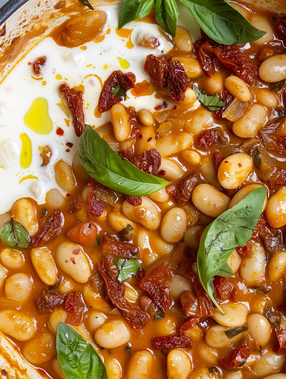 Close-up of beans and tomatoes in a skillet