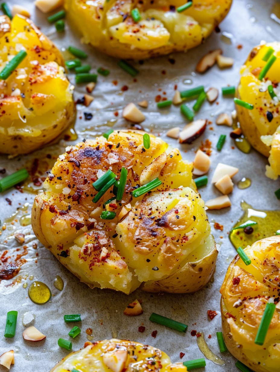 Garlic smashed potatoes on baking tray