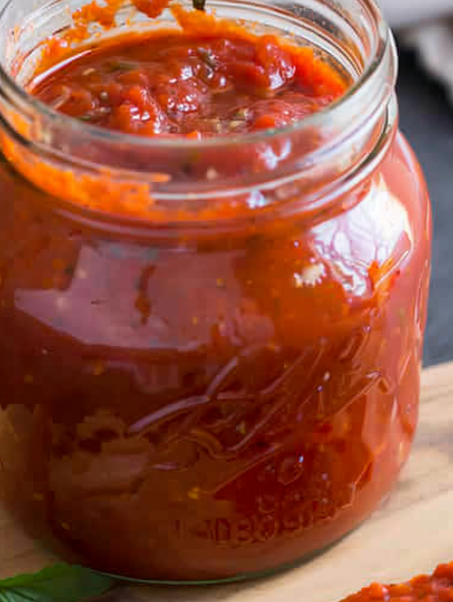 Fresh homemade pizza sauce simmering in a saucepan