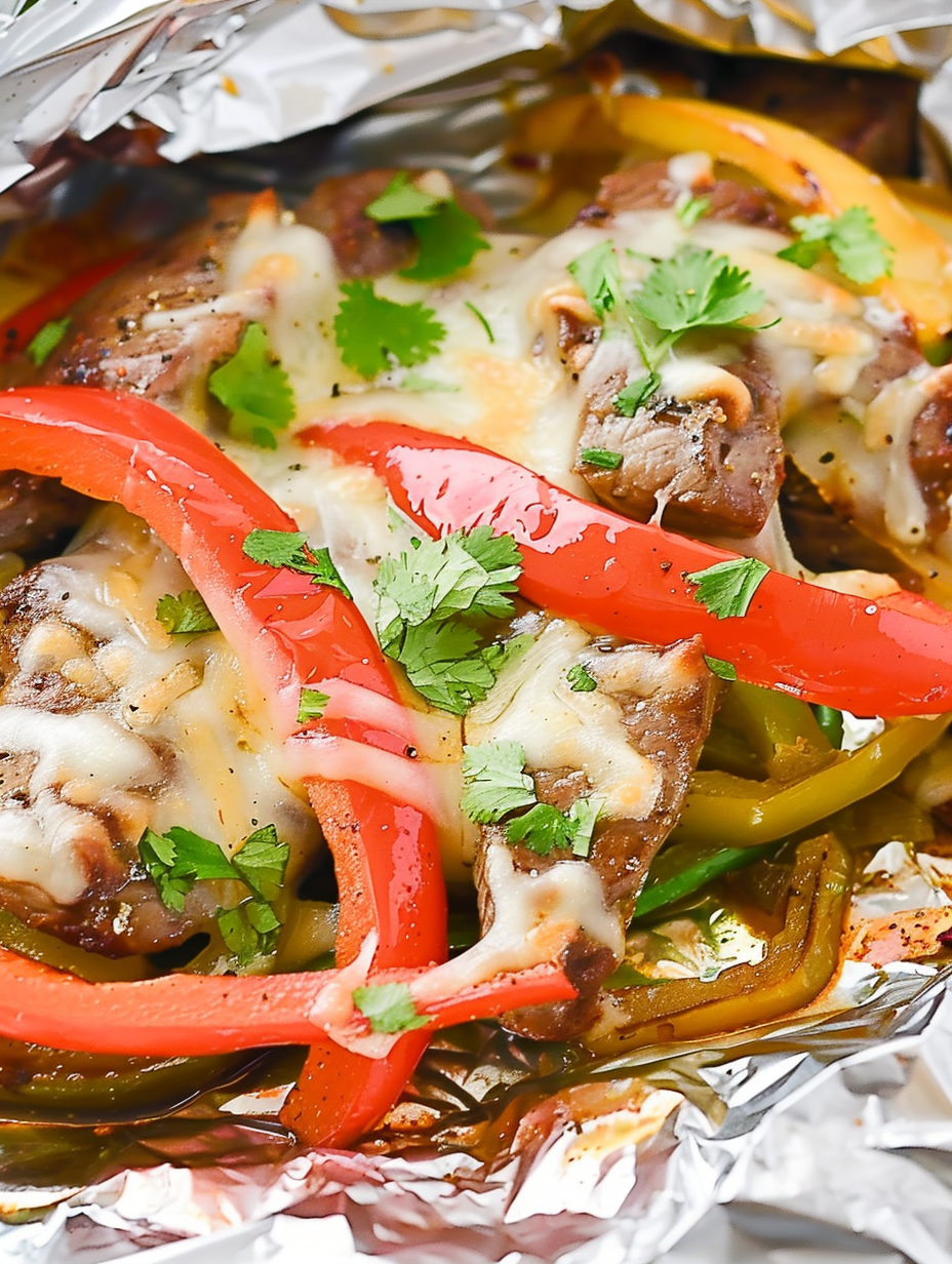 Open foil packet with cheesy steak and peppers