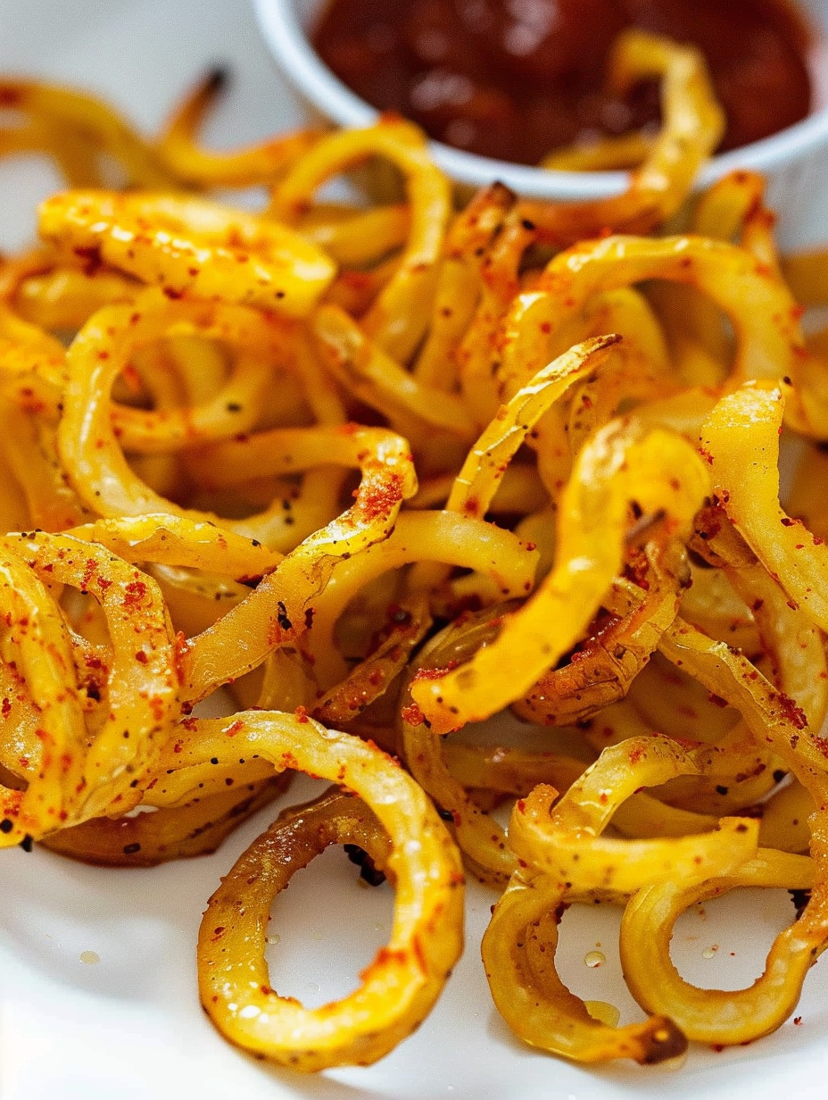 Air fried curly fries in a basket, golden and crispy