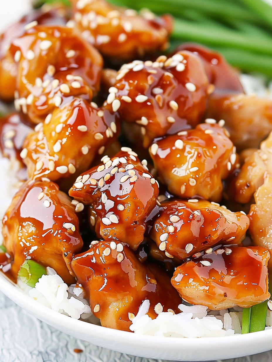 Pan of sesame chicken with sauce and sesame seeds