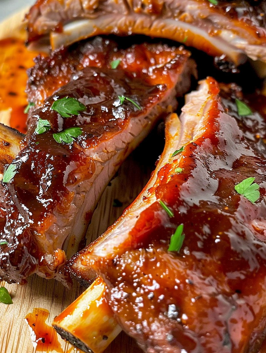 Plated air fryer ribs with garnish and sauce