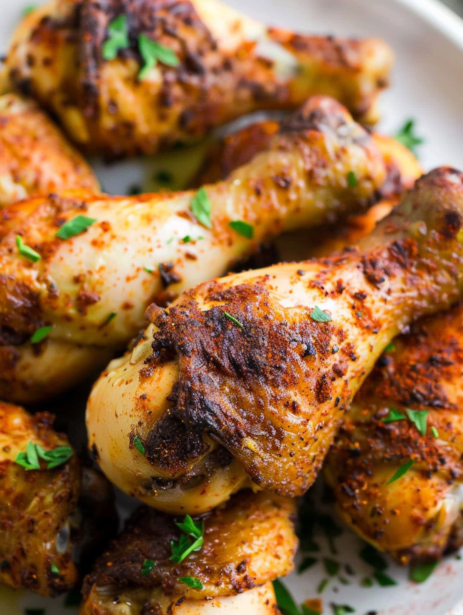 Crispy air fryer chicken legs golden brown on a platter
