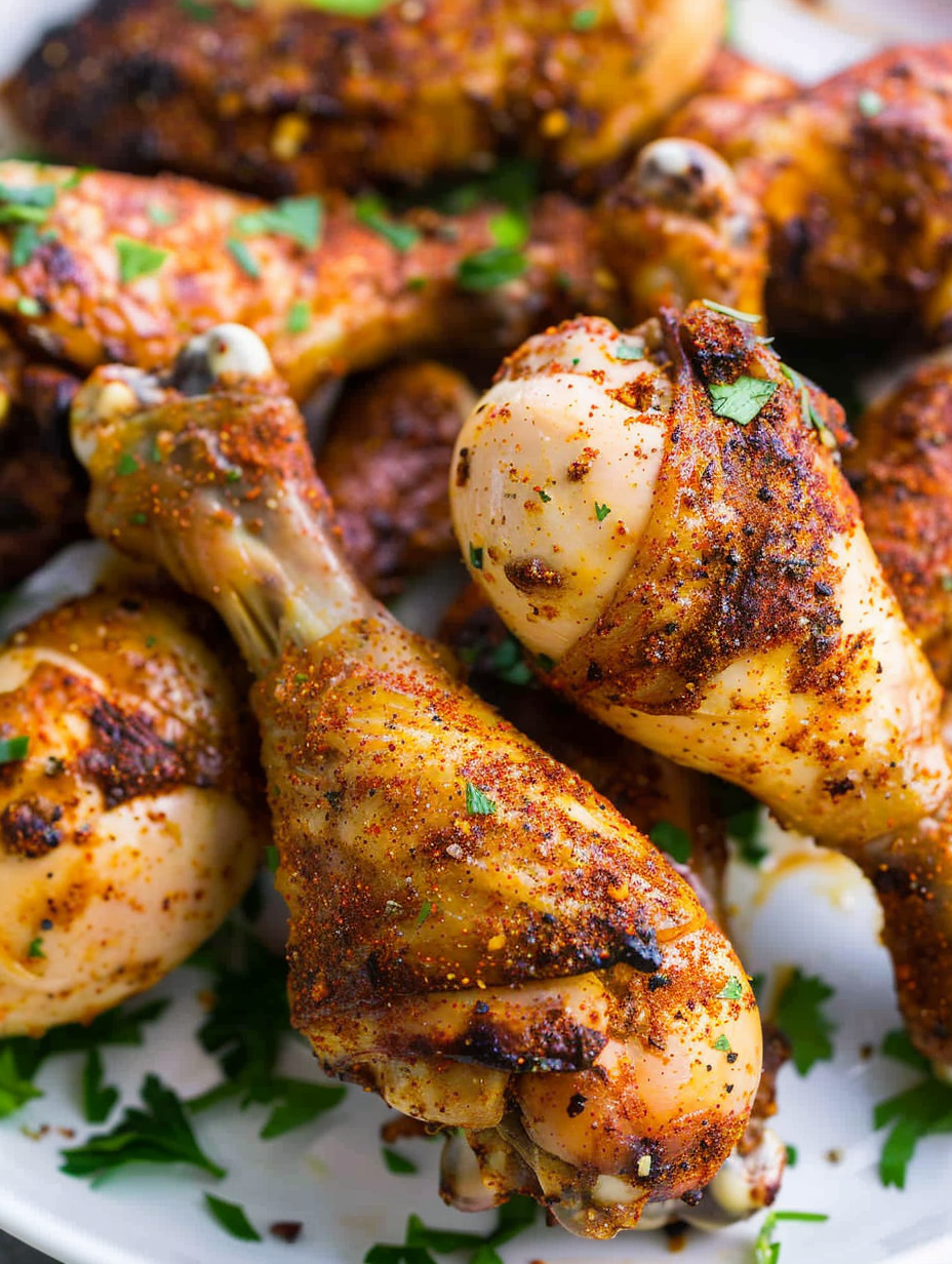 Seasoned chicken legs in the air fryer basket