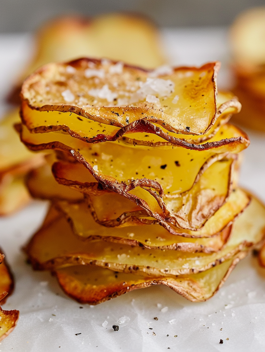 Head on view of homemade baked potato chips stacked on top of each other