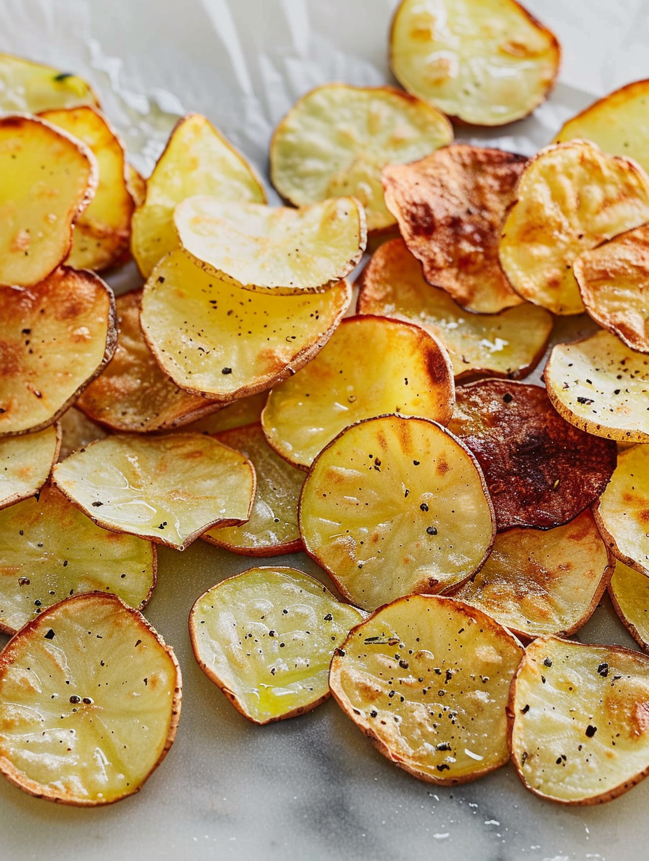 Close-up of crispy baked chips on a baking sheet