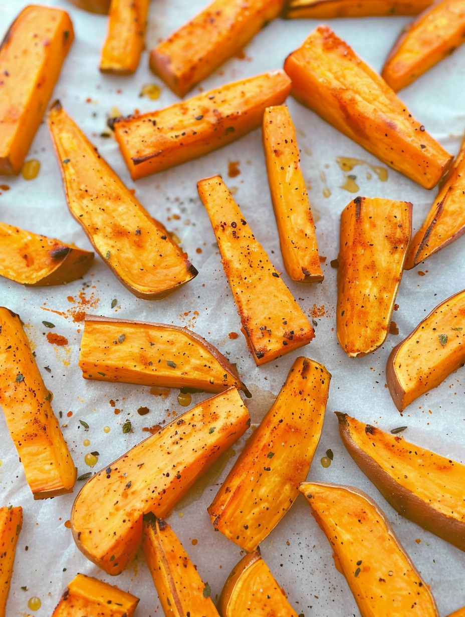 Crispy sweet potato wedges on a baking sheet