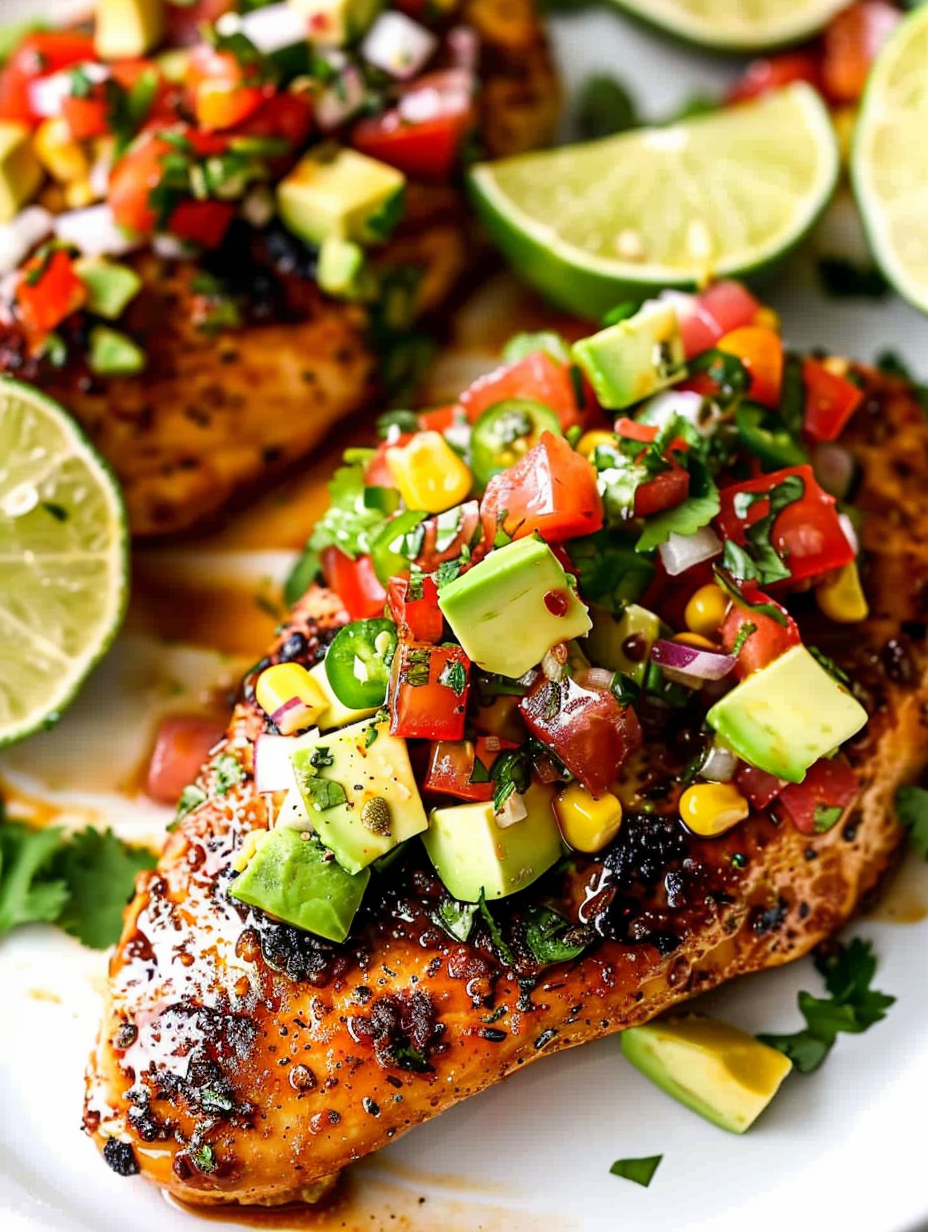 Fiesta Lime Chicken plated with avocado salsa