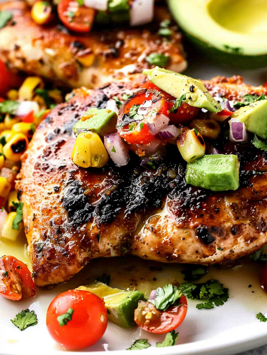 Close-up of avocado salsa with tomatoes and corn