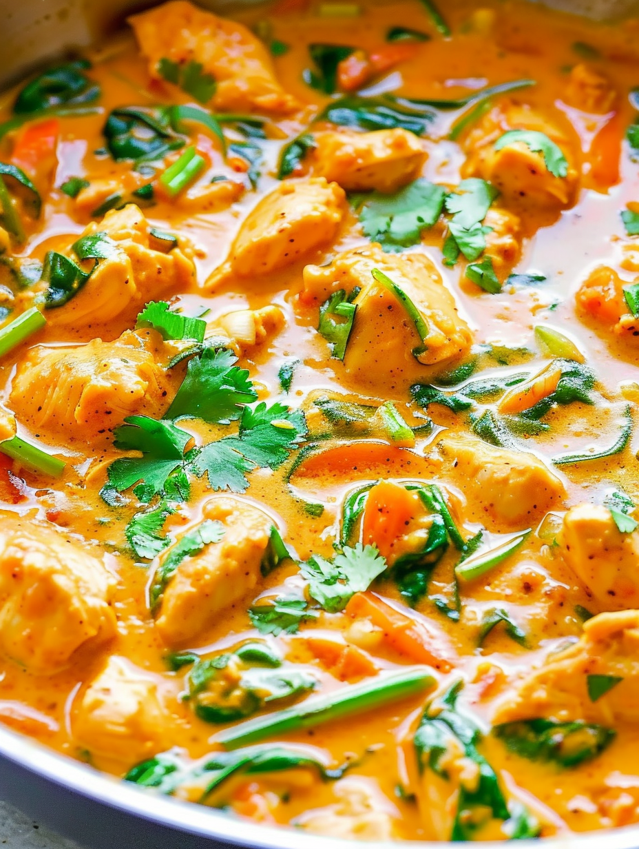 Skillet Thai chicken coconut curry in a pan
