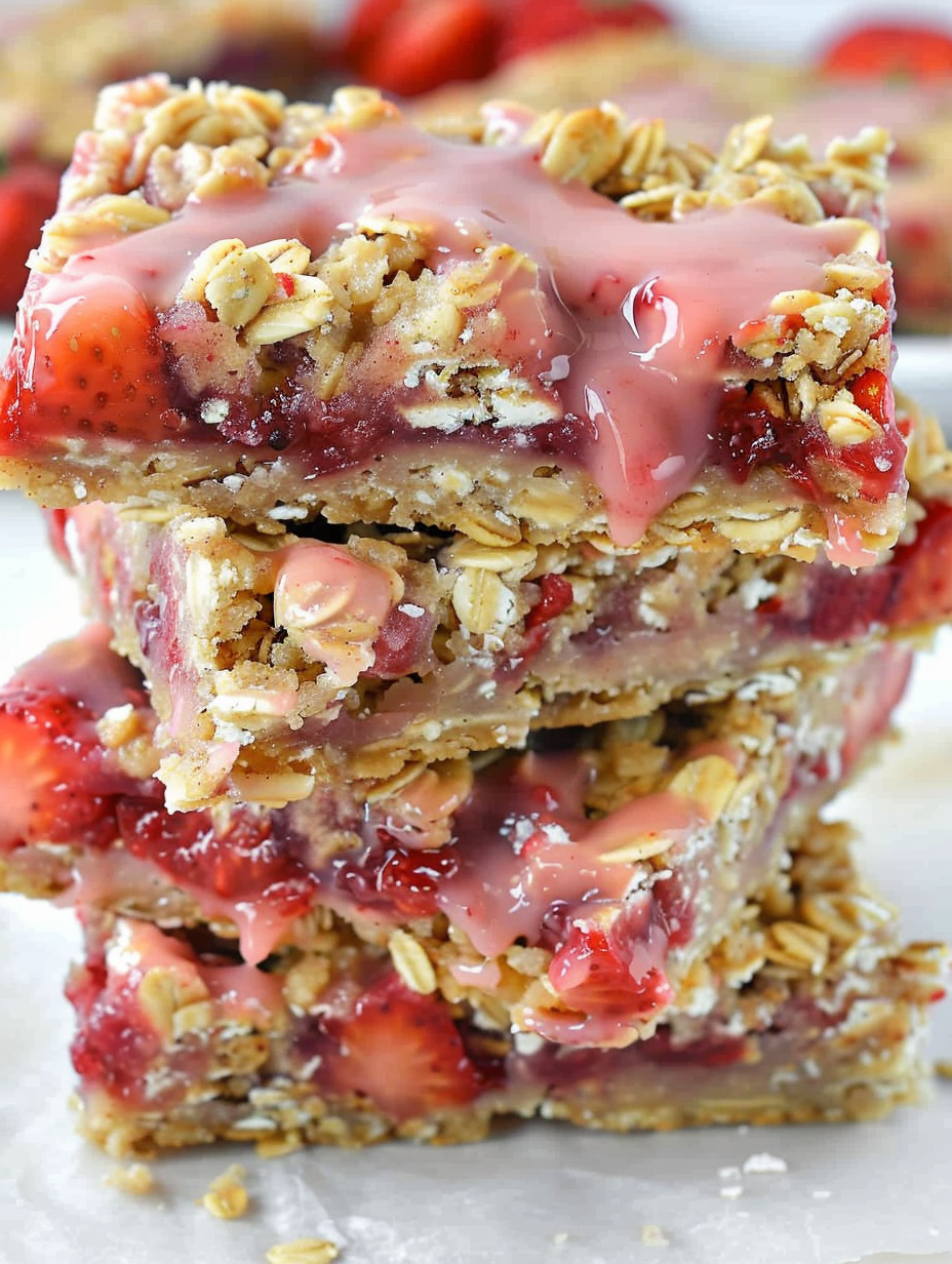 Freshly baked strawberry oatmeal bars cooling on a wire rack