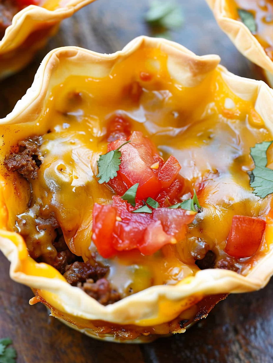 Assembled taco cups on a serving plate