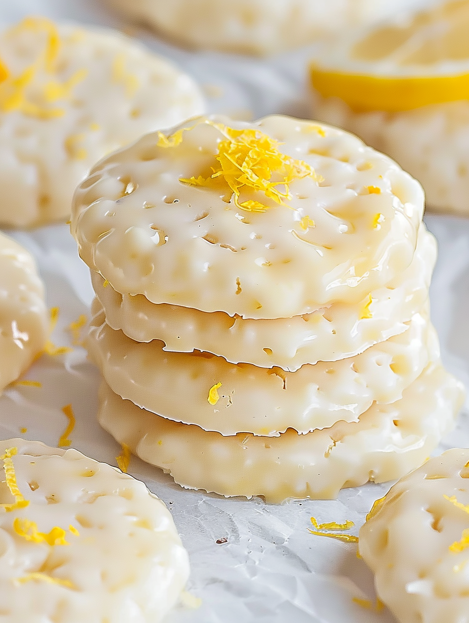 Close-up of coconut lemon no-bake cookies on a tray
