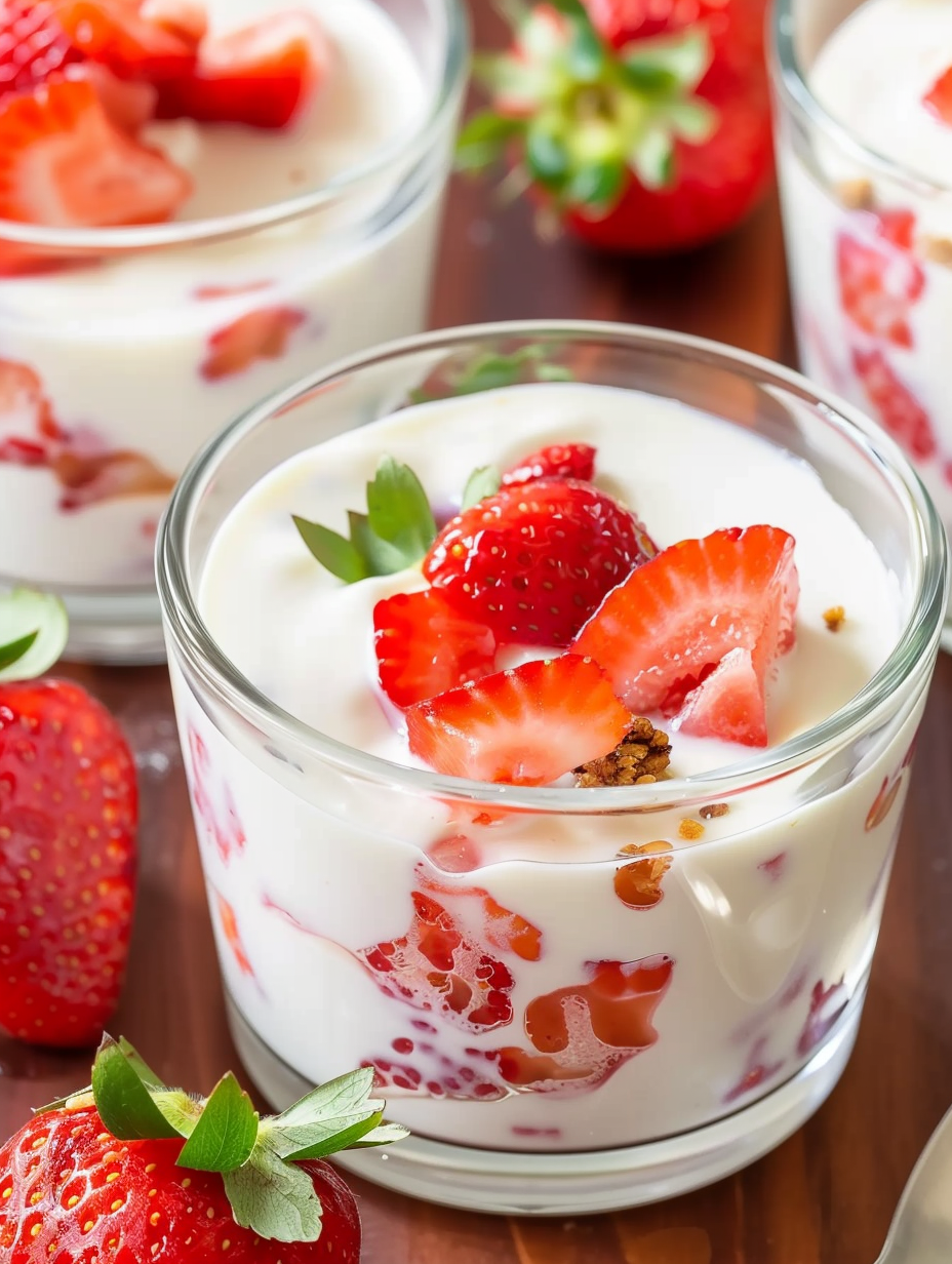Fresas con Crema in glass cups topped with strawberries