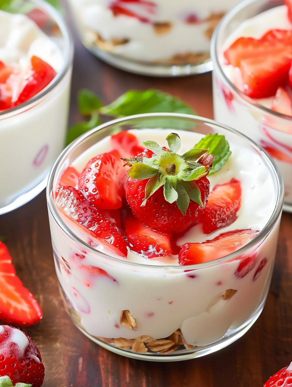 Close up of strawberries and cream in a bowl