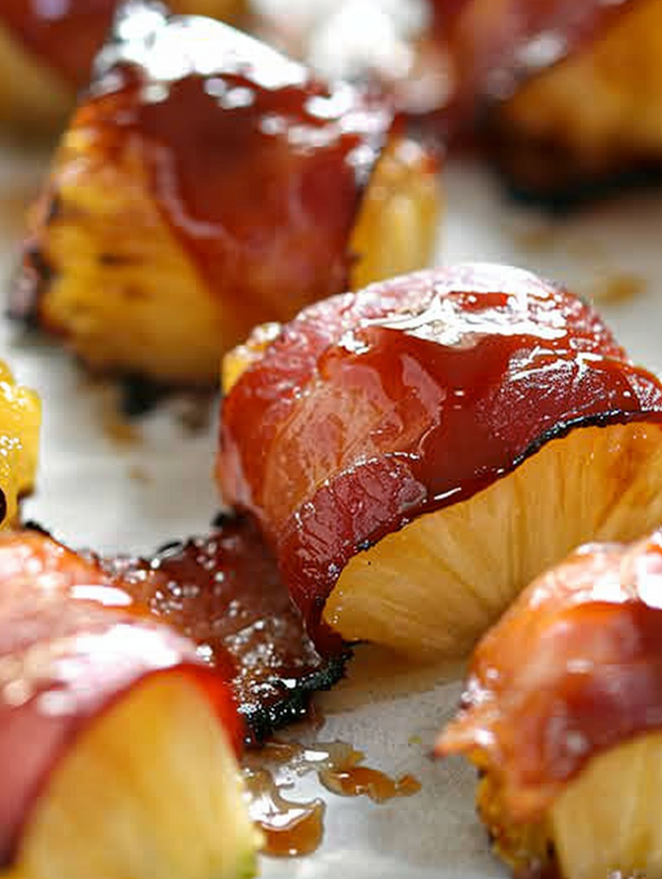 Bacon wrapped pineapple on a baking sheet