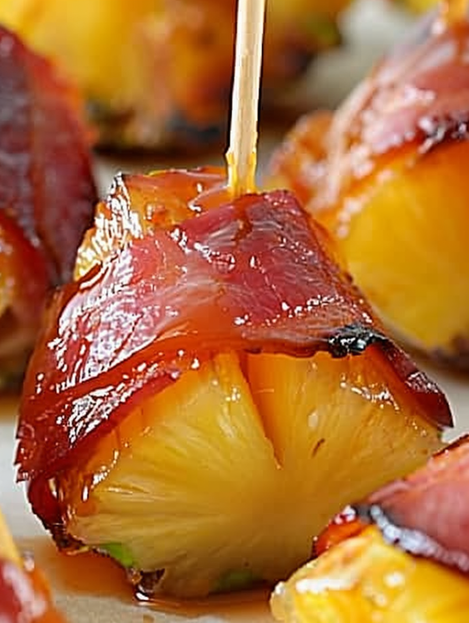 Plated bacon wrapped pineapple bites with toothpicks