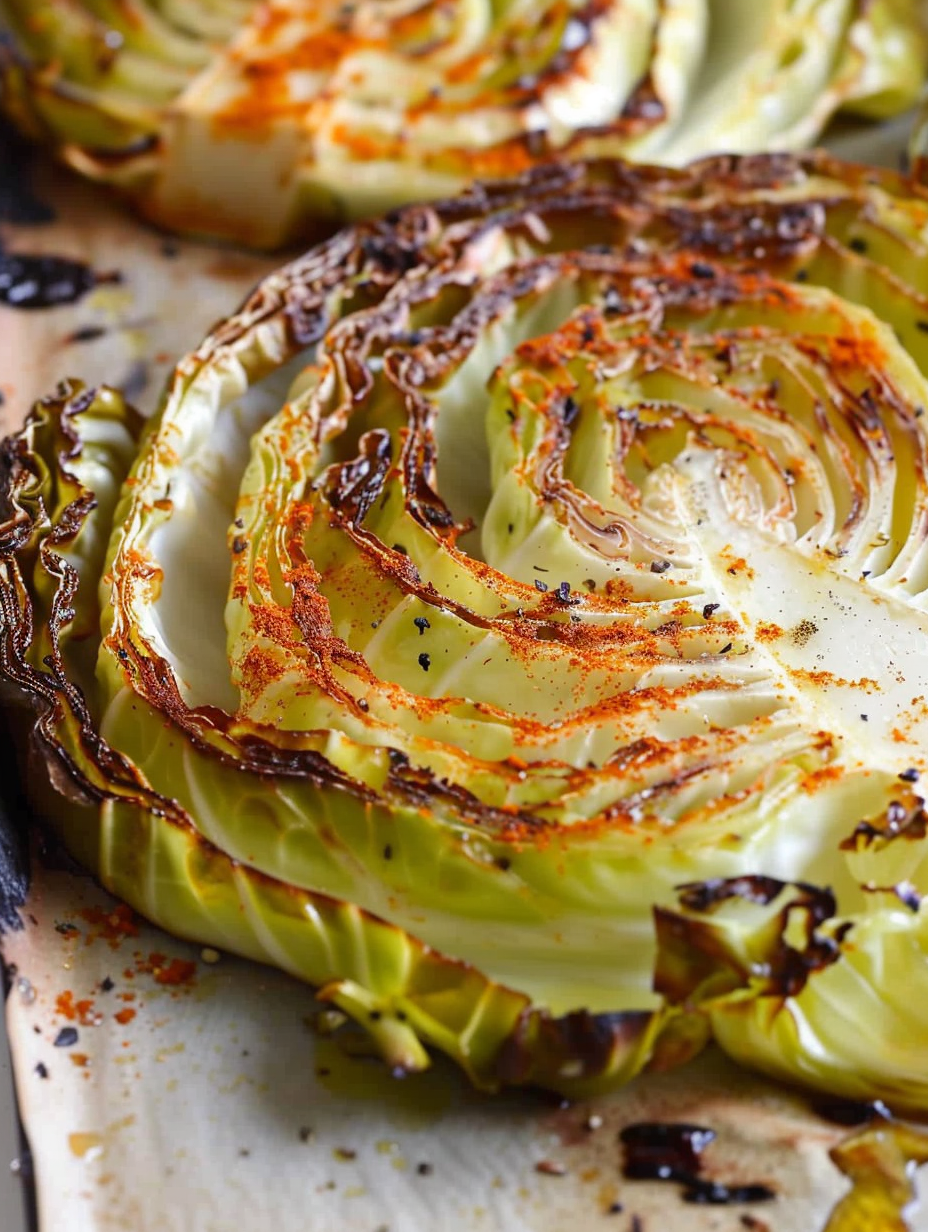 Cabbage steaks on baking sheet with golden edges