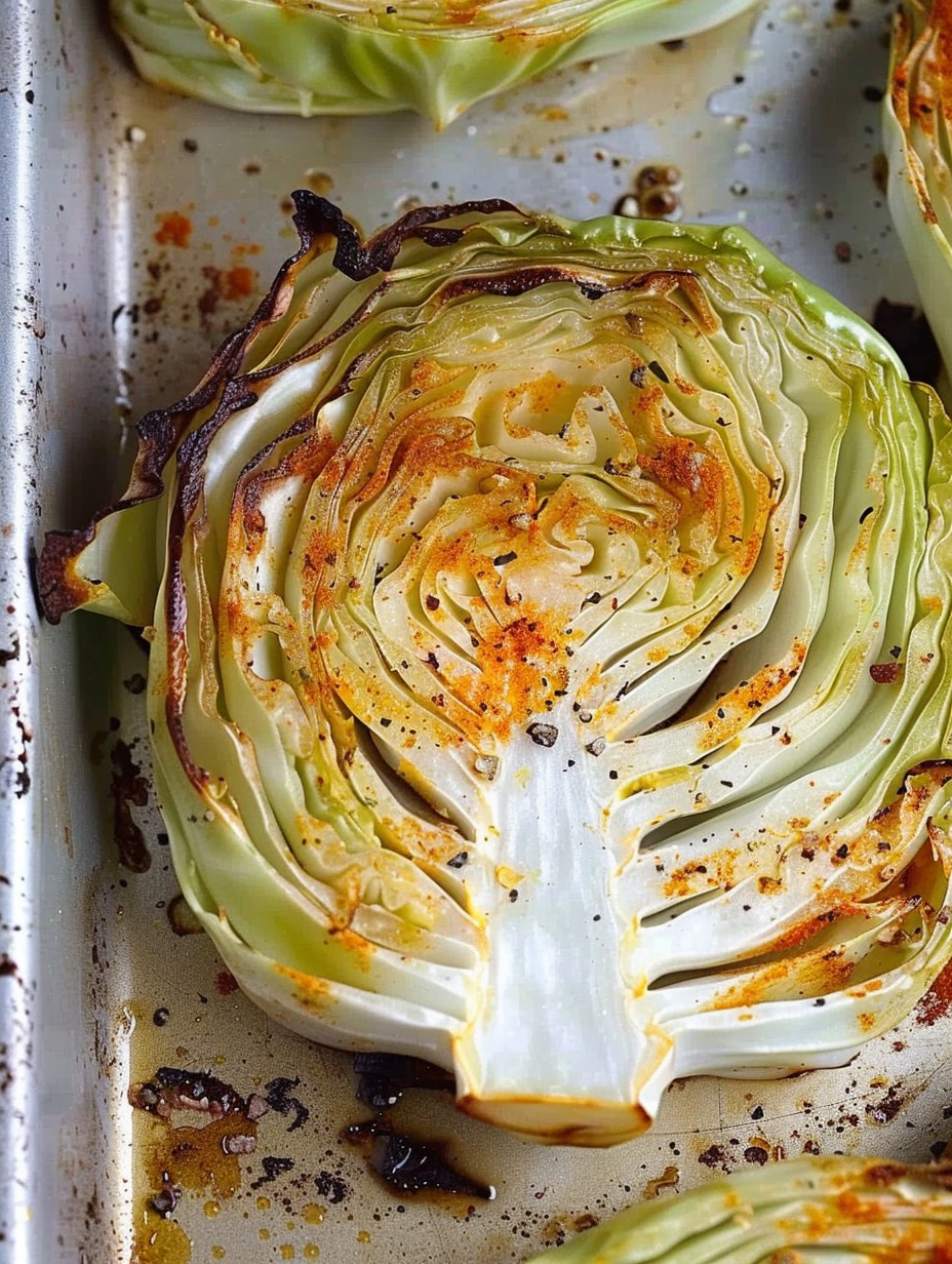 Close-up of a single roasted cabbage steak with crispy edge