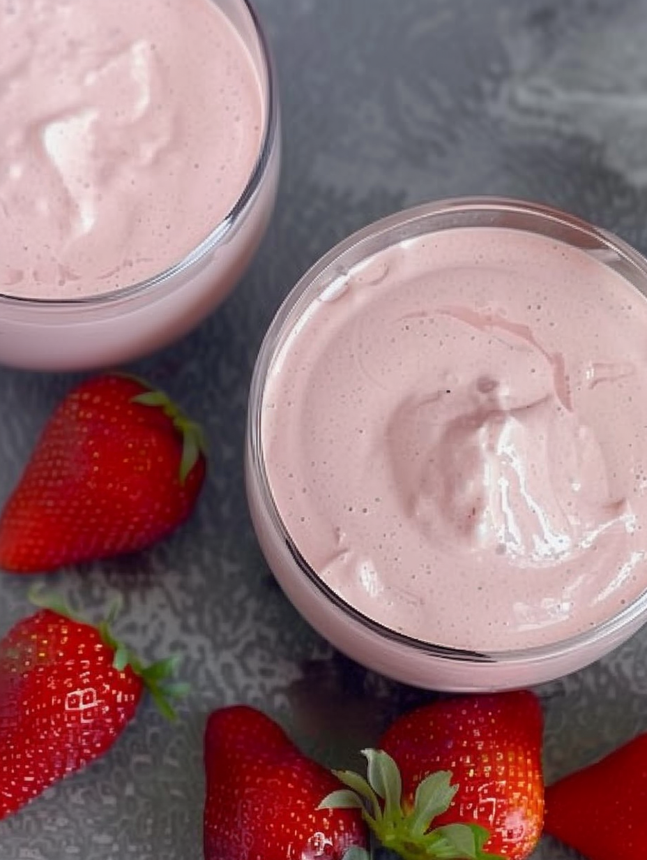 Whipped aquafaba being folded into strawberry mousse