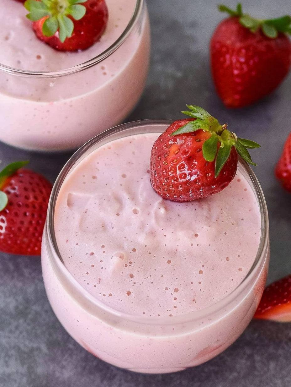 Four jars of chilled strawberry mousse ready to serve