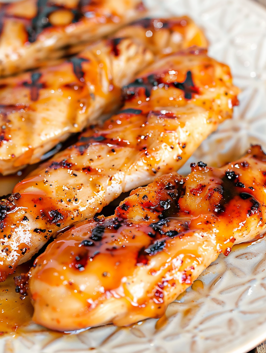 Sliced orange chili chicken on a serving plate