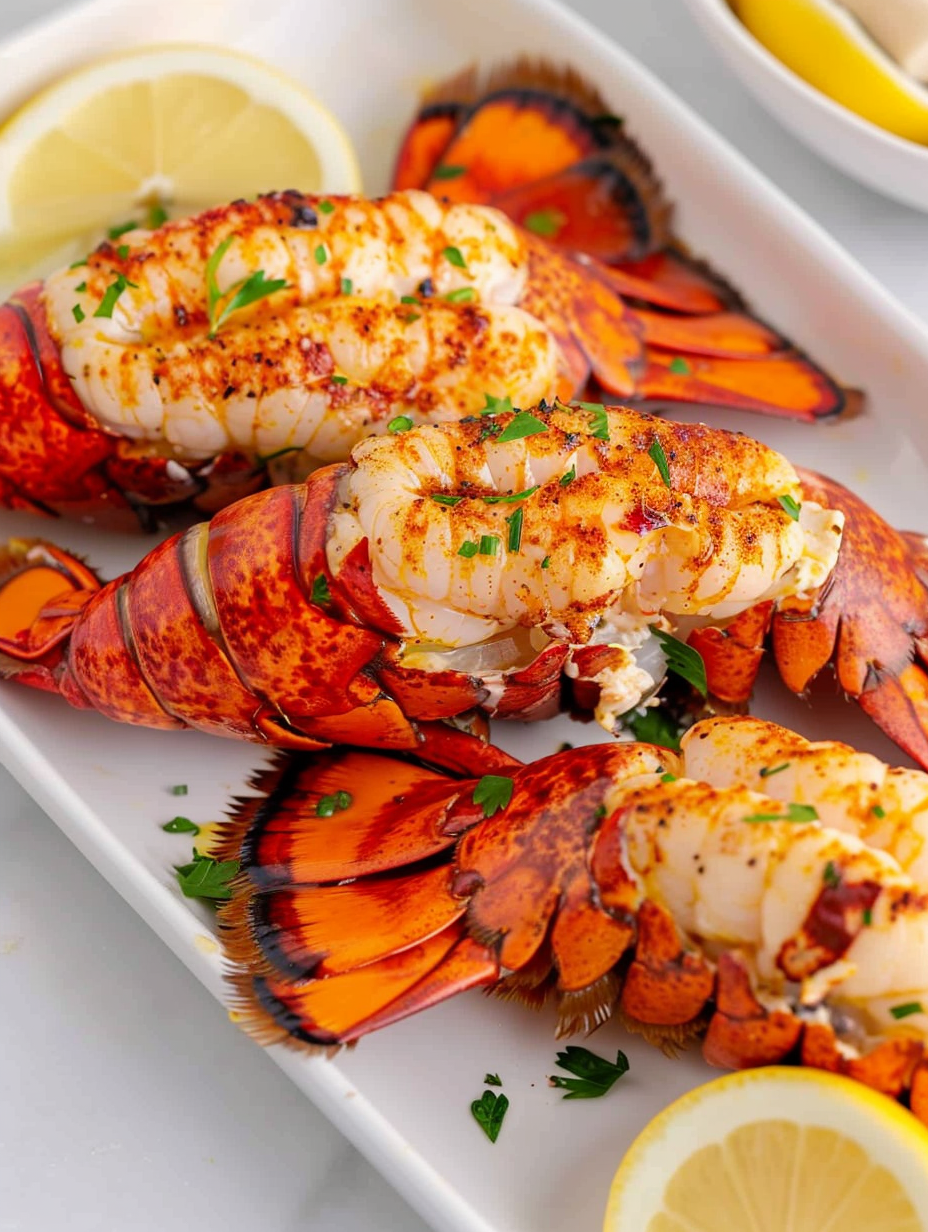 Air fried lobster tails plated with lemon and butter