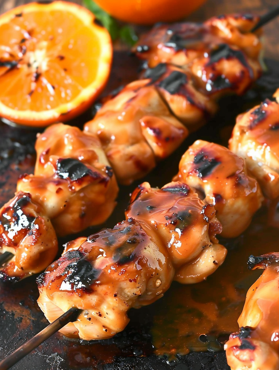 Grilled sticky orange chicken kebabs glazed and ready to serve