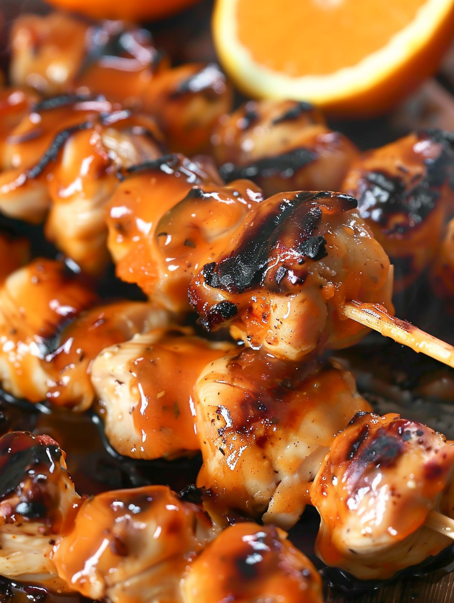 Close up of sticky orange chicken glaze on skewers