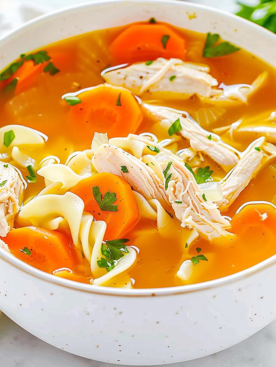 Slow cooker filled with chicken noodle soup ingredients